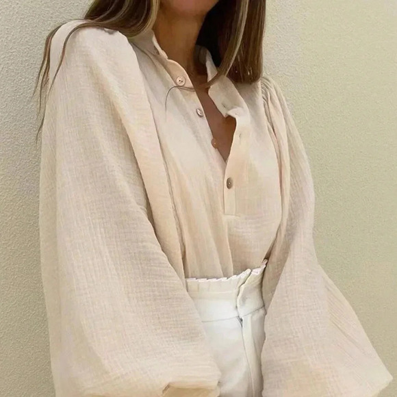 Apricot Casual Women's Solid Color Lantern Sleeve Loose Shirt - Picture 1 of 4